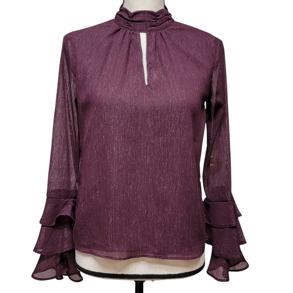 Jolt Purple Blouse Womens Sz XS Sparkle Sheer Ruffle Sleeve‎ Keyhole Whimsygoth